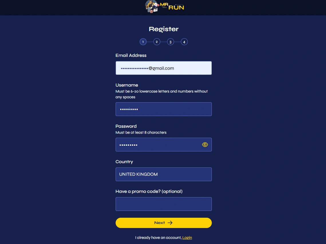Registration form showing email, username, password, country and optional promo code fields