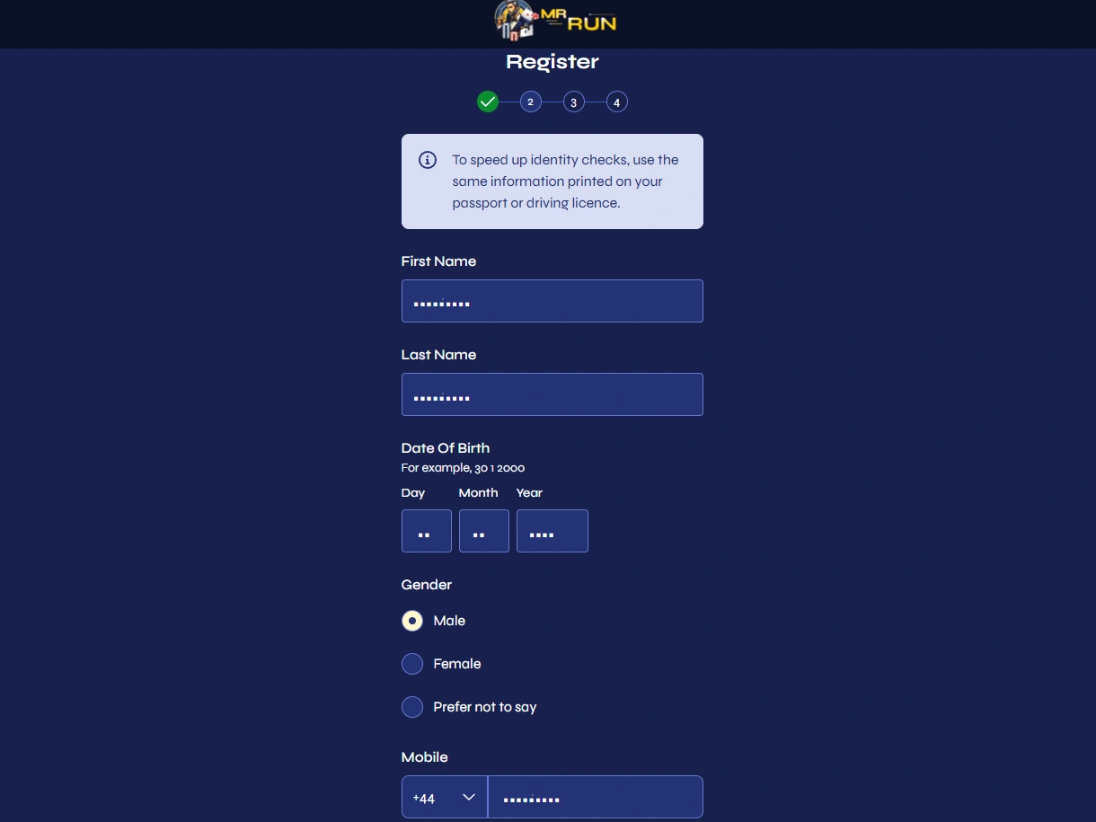 Personal details form with name, date of birth, gender options and UK mobile number field