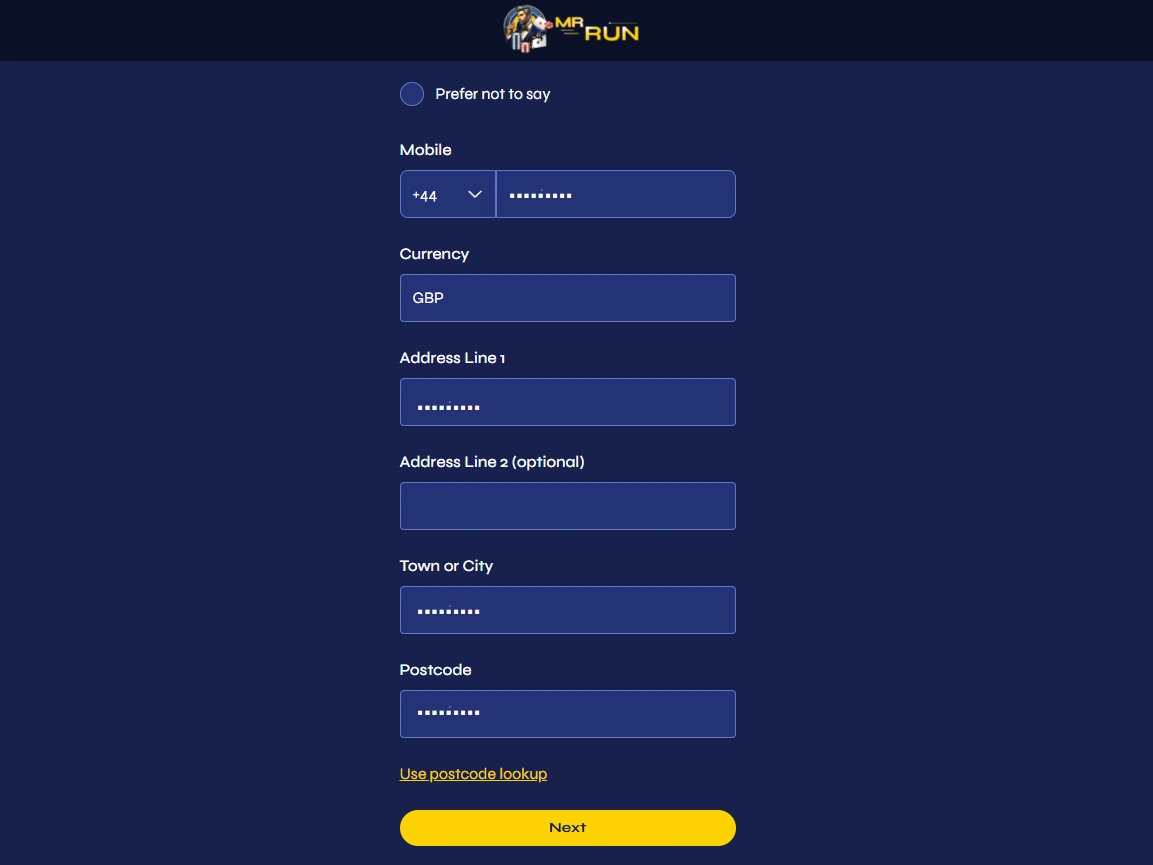 Address form with GBP currency, address lines, postcode field and postcode lookup link