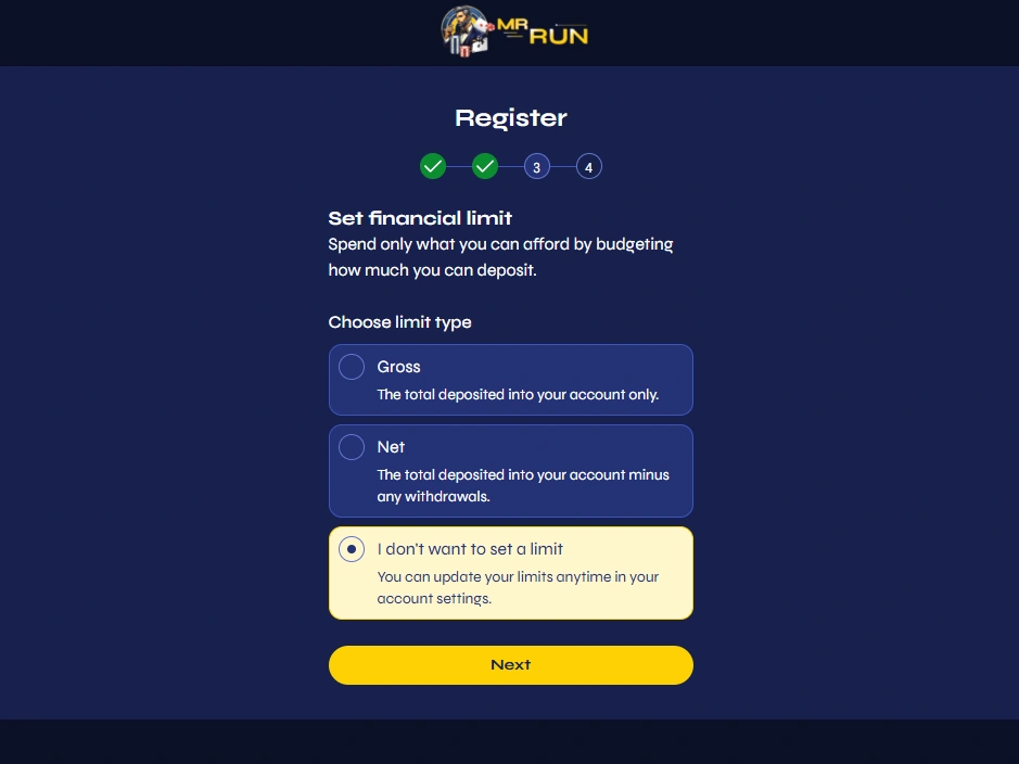 Financial limit screen showing Gross, Net and no-limit deposit options