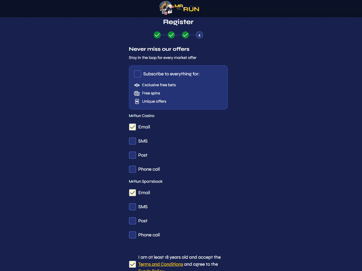 Marketing preferences screen with Casino and Sportsbook channel selections including Email