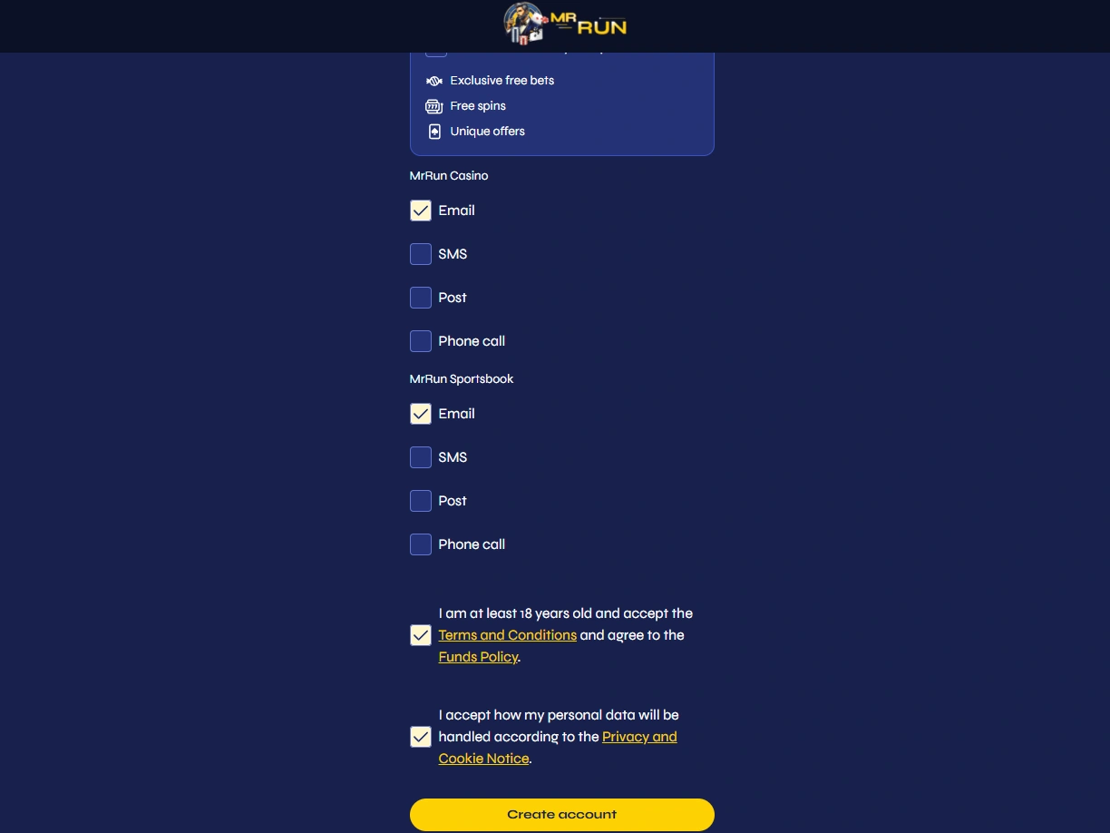 Final registration screen with agreement checkboxes and Create account button